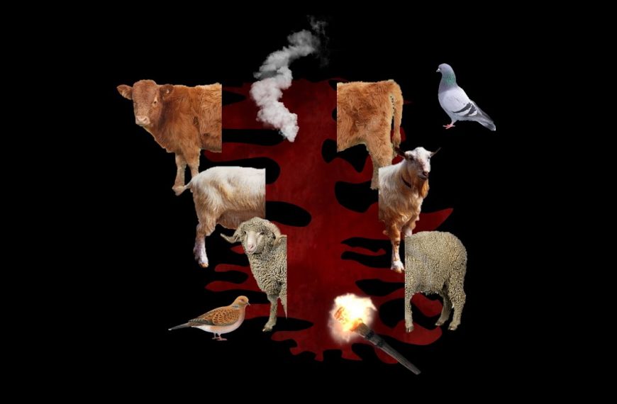 Cow, goat, sheep divided with fire and smoke