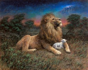Lion looking at the sunset with a lamb