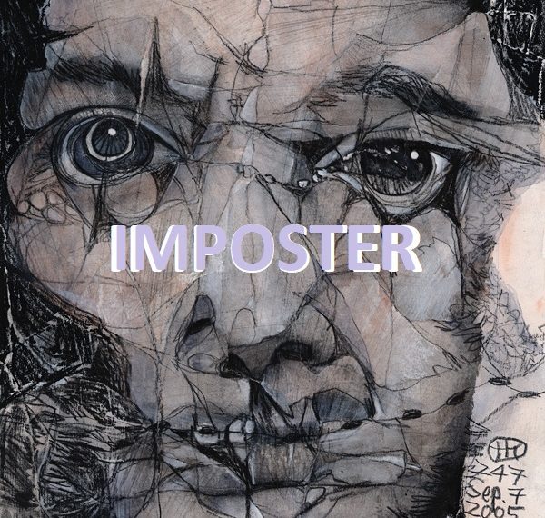 Abstract drawing of broken face with the word Imposter