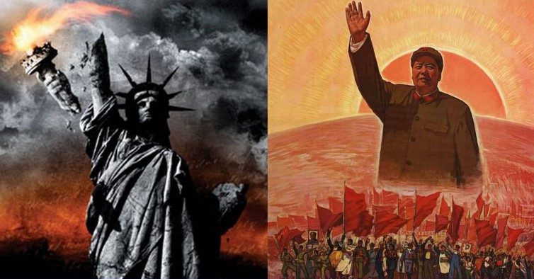 China Communism and Statue of liberty with broken arm